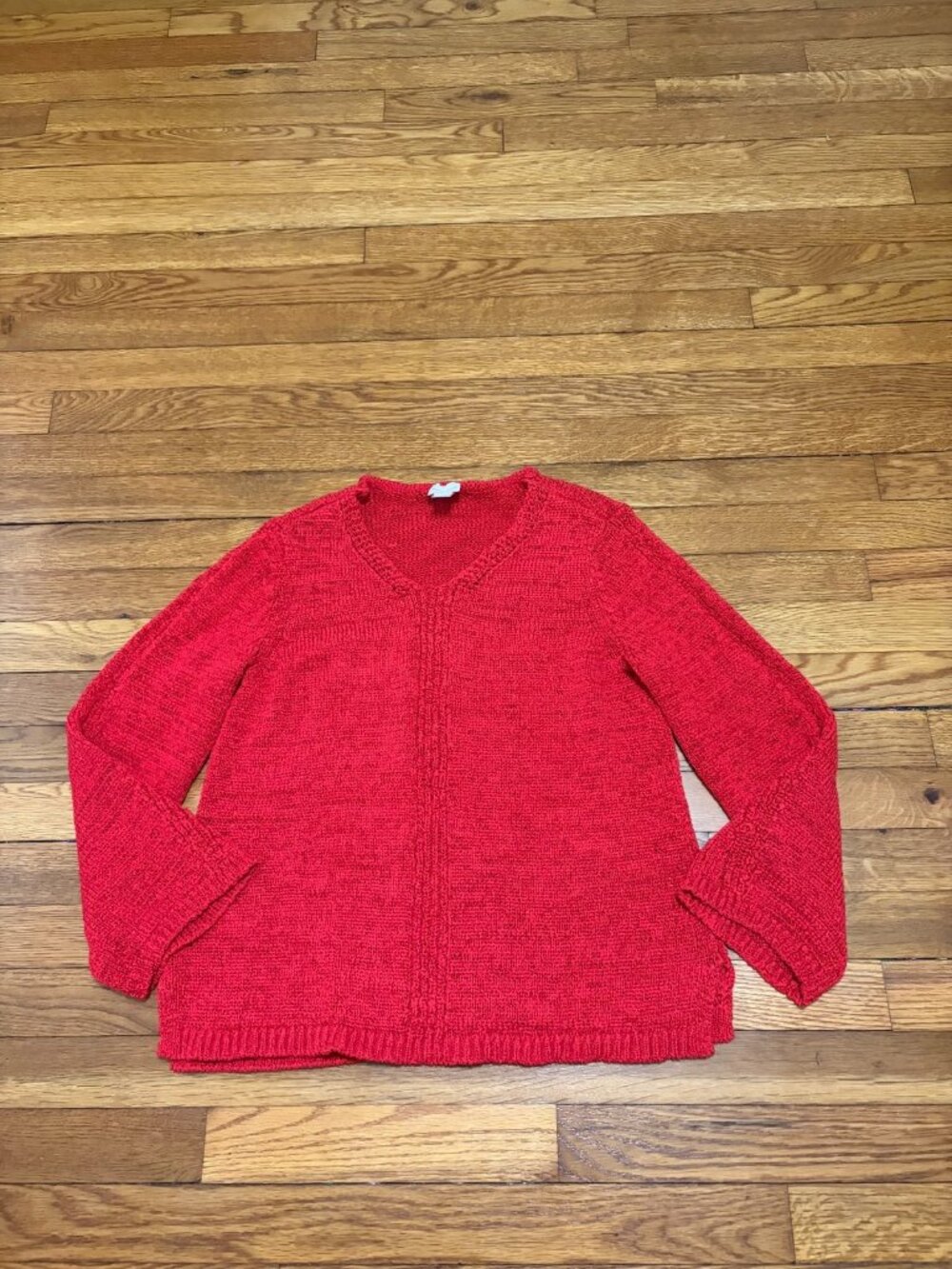 Chico's Women's V-Neck Sweater Size 1 (US 8) Red Open Knit Flare Sleeve Pullover